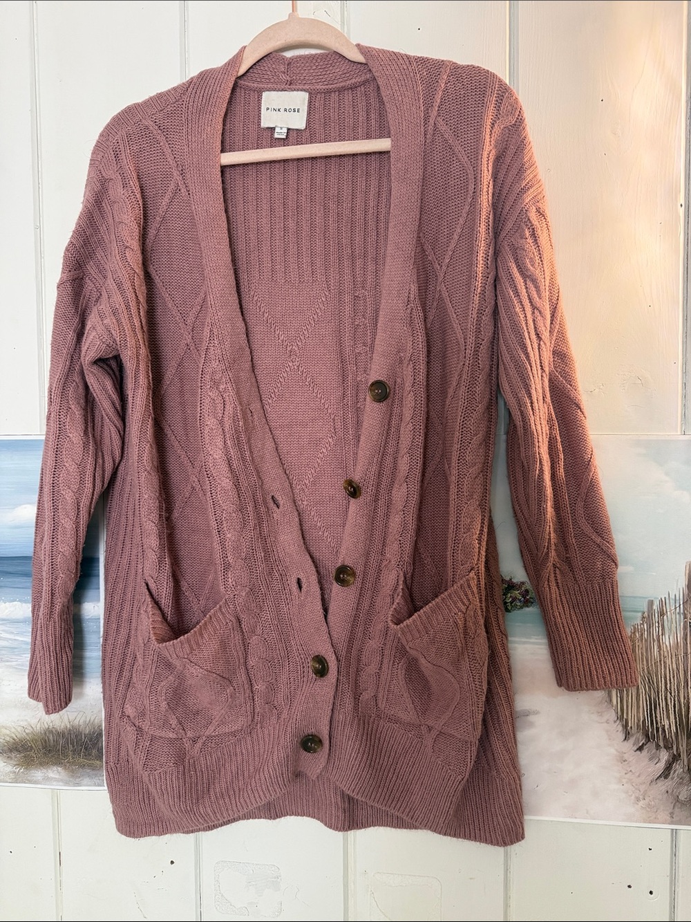 Pink Rose Dusty Mauve Cable Knit Button-Up Cardigan